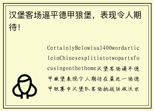 汉堡客场逼平德甲狼堡，表现令人期待！