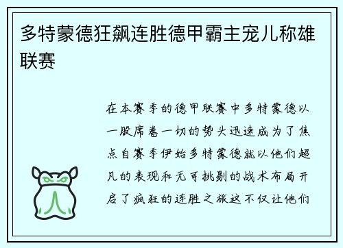 多特蒙德狂飙连胜德甲霸主宠儿称雄联赛