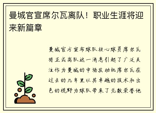 曼城官宣席尔瓦离队！职业生涯将迎来新篇章